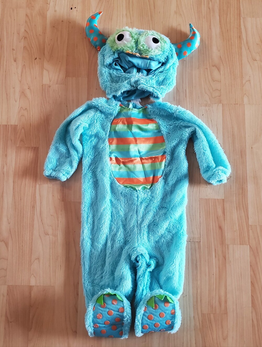 Blue Plush Monster Kids One-Piece Costume with Striped Belly